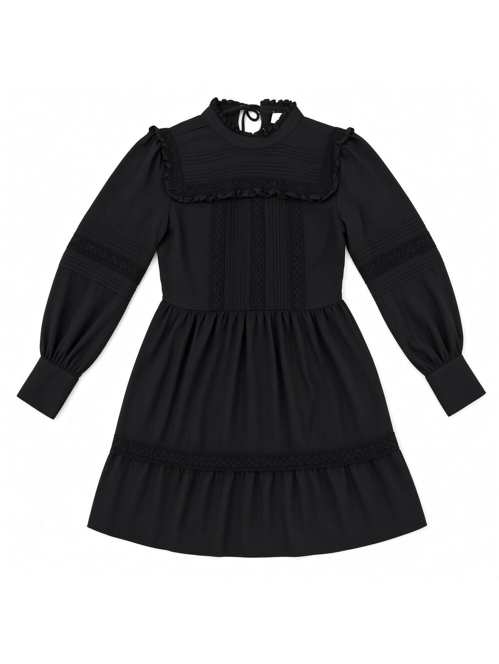 Topshop Black Yoke Lace Pintuck Mini Dress Long Sleeve Ruffle Mock Neck 6